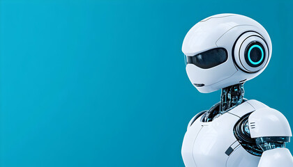 White humanoid robot stands, looks left in studio with blue background, AI concept generative AI