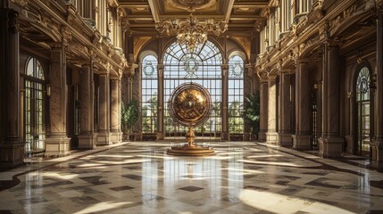 Obraz premium Grand Marble Foyer with Antique Globe and Elegant Architecture