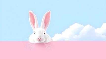 Obraz premium White Pixel Rabbit Peeking Over Pink Wall With Fluffy Clouds