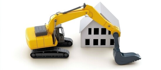 Fototapeta premium Yellow excavator demolishing house model; white background; construction concept