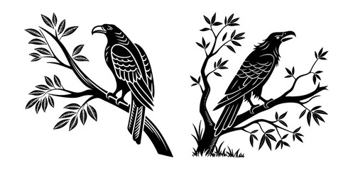 Black silhouette bird on branch on white background