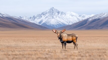 Fototapeta premium Bull moose stands in a vast golden field with majestic snow-capped mountains in the background.