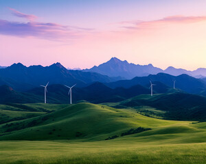 Obraz premium Wind turbines turn on hillside with green grass and mountain landscape at dusk generative AI