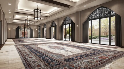 Obraz premium Spacious interior of an elegant hall with intricate decor, large windows, and beautiful rugs