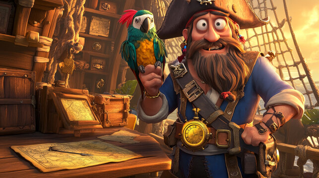 Peg-legged pirate with parrot standing in ship cabin. Vector illustration of cartoon one-eyed corsair character with golden watch in hand, pet bird on shoulder, saber on waist, treasure maps on table