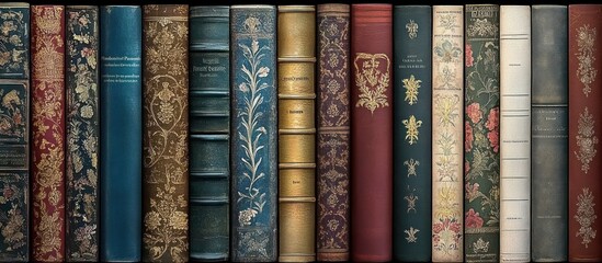 Ornate antique book spines library shelf background