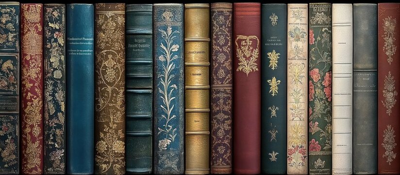 Ornate antique book spines library shelf background