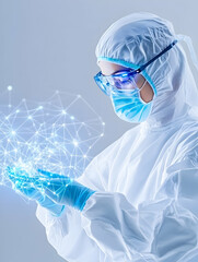 Woman in full PPE working with glowing science network. Research and development generative AI