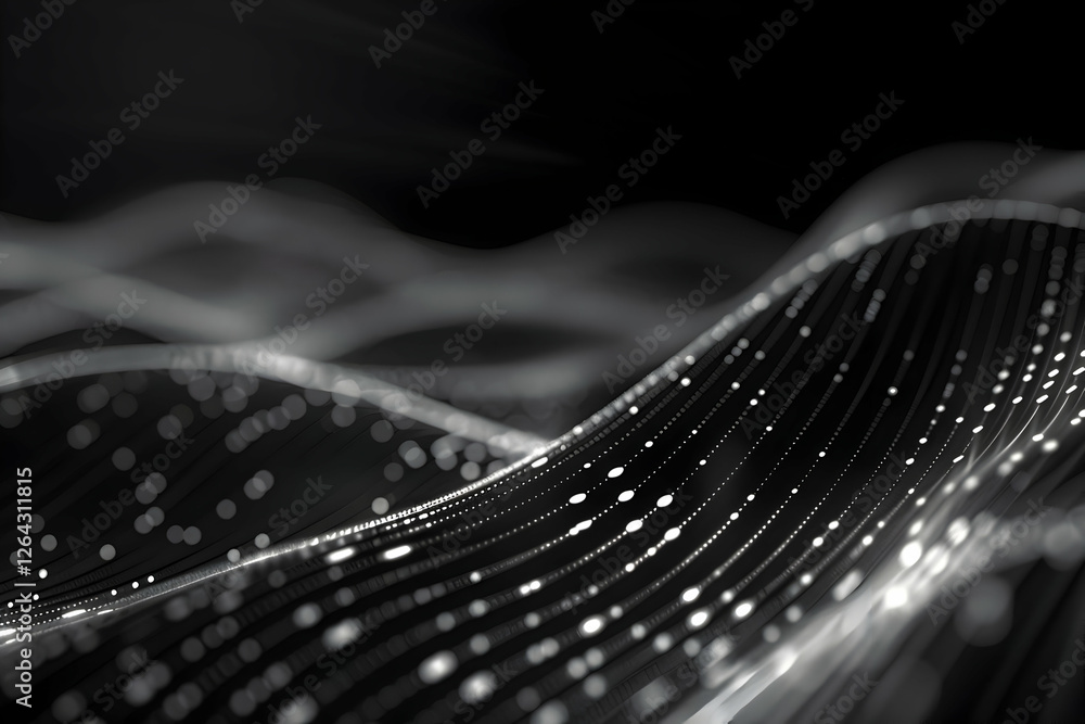 Poster abstract representation of flowing waves with glowing particles in a dark background, ideal for tech