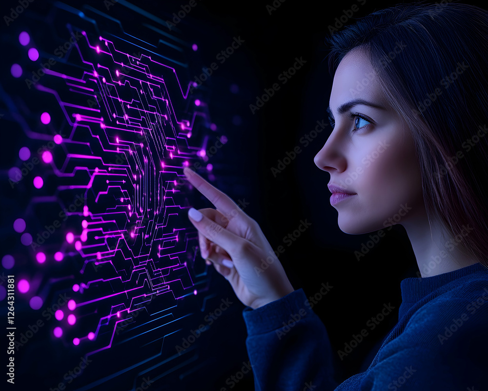Wall mural woman interacts with digital screen with glowing interface, using for technology ads generative ai