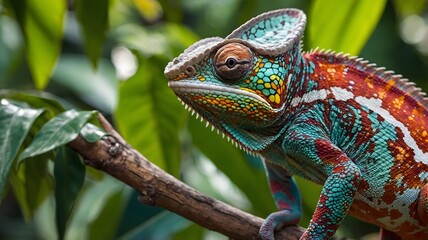 Obraz premium Camouflaged Beauty: Chameleon Hidden Among Vibrant Tropical Leaves