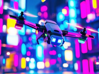 Drone flying through vibrant city lights. AI.