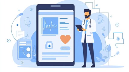 Doctor analyzing patient data on a digital tablet with medical graphics in the background