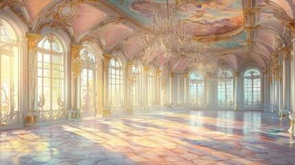 Fototapeta premium Elegant Ballroom with Swirling Pastel Frescoes and Dramatic Lighting