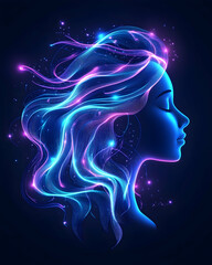 Obraz premium Woman's profile with glowing blue hair and closed eyes, used for inspiration generative AI