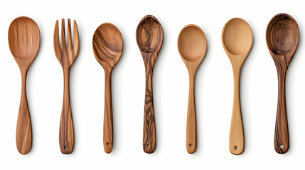 Wooden kitchen utensils, cutlery and tools for food preparation on white background generative AI