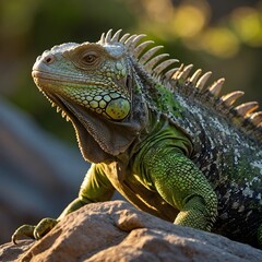 Fototapeta premium Sun-Kissed Iguana Resting on Rock, Radiating Vibrant Green Scales