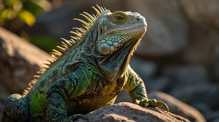 Fototapeta premium Majestic Iguana Basking on Sunlit Rock with Shimmering Green Scales