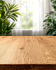Wooden tabletop near window with greenery. Display background generative AI
