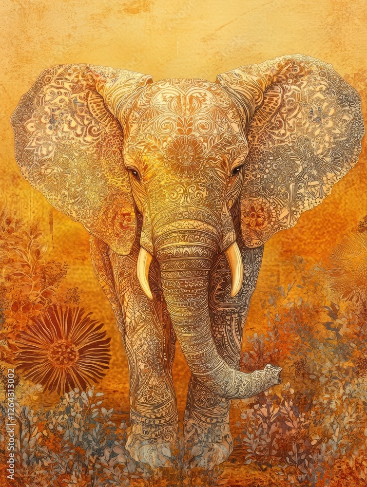 Poster majestic elephant adorned with intricate patterns in warm sunset hues capturing the essence of wildl