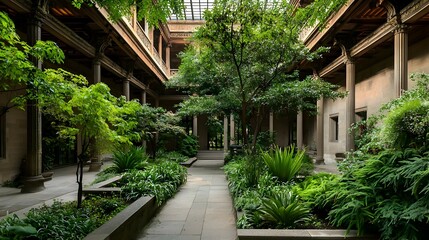 Lush Green Courtyard Garden With Stone Path