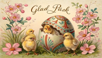 Swedish vintage Easter postcard with baby chicks and decorated egg – text Glad Påsk
