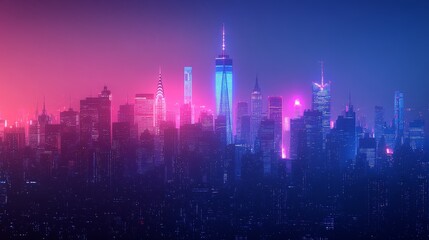 Obraz premium Vibrant Neon Cityscape Night Panorama Stunning Urban Metropolis Skyline