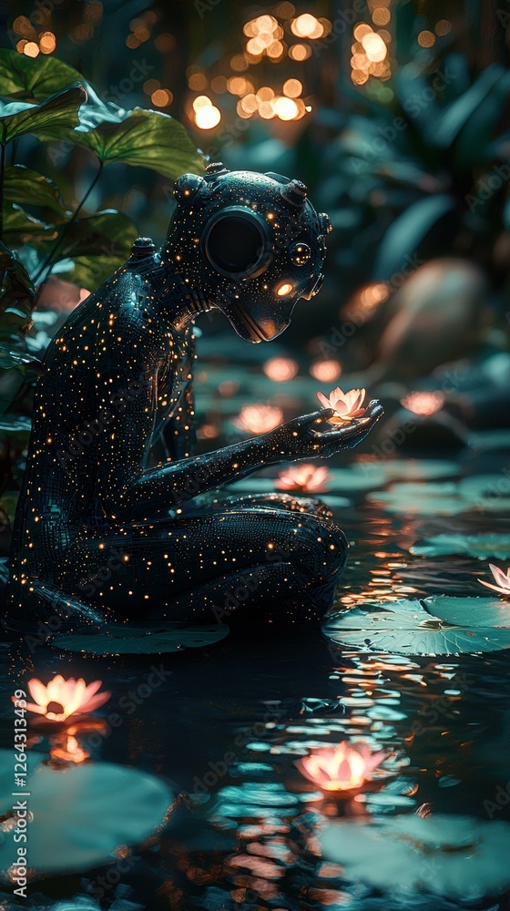 Poster a small robot explores a tranquil forest stream. ai.