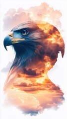 Fototapeta premium Majestic Eagle Soaring: A striking depiction of an eagle's profile set against an artistic canvas of a dreamy cloudscape, combining avian grace with the expansive sky.