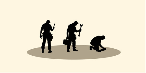 Graphic set silhouette of mechanic worker. 2D icon of man shadow dark. vector illustration.