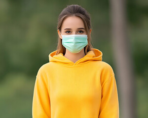 Young woman wearing mask outdoors for protection during the pandemic for safety use generative AI