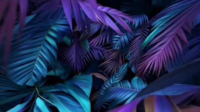 3d video Purple, blue and pink palm and monstera leaves on  dark background.  pattern of leaves of a tropical palm tree. Botanical illustration. The theme of recreation, travel, tourism.