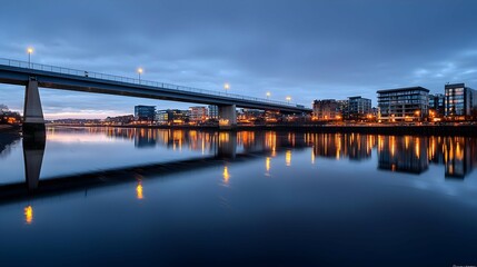 Modern Cityscape At Night With River Reflections And Illuminated Bridge