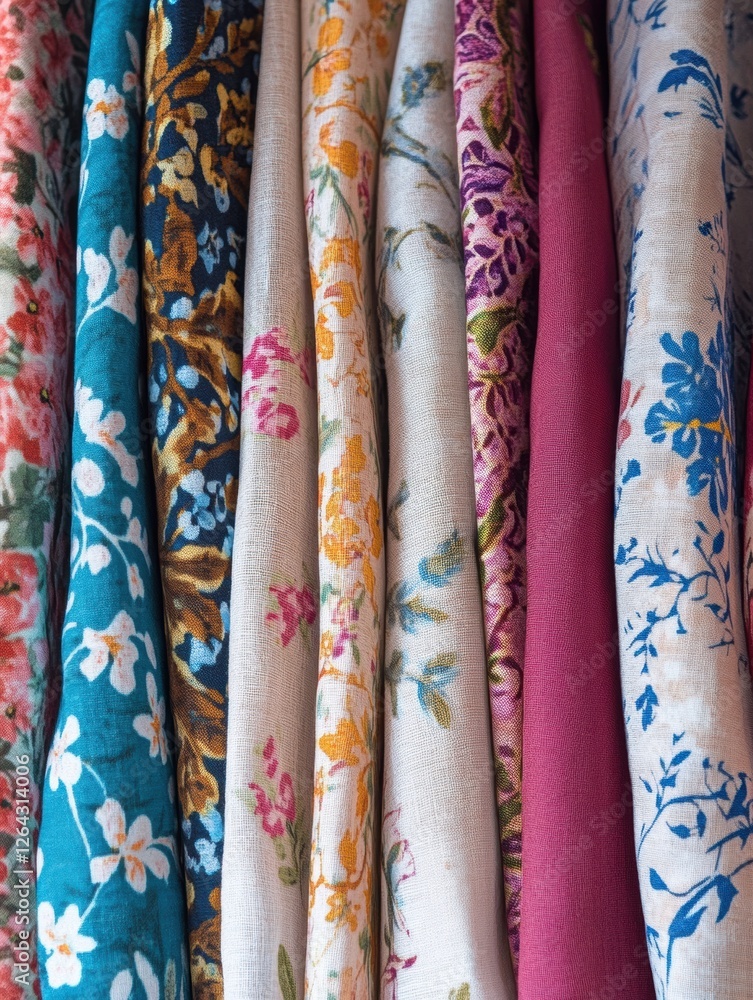 Leinwandbilder Close up view of vibrant patterned fabrics featuring floral and geometric designs with space for text and decoration. Generative AI