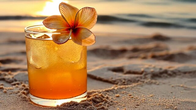 Glass summer refreshing alcoholic fruit cocktail on sandy beach background with white flower. Travel, weekend, vacation at beach concept.  4k video