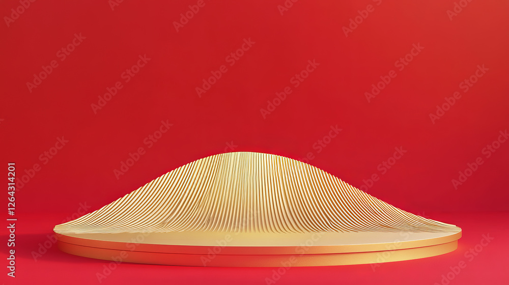 Poster round podium on red background with abstract golden lines on wall. vector realistic illustration of 