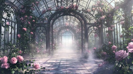 Fototapeta premium Steampunk Inspired Greenhouse with Elegant Roses and Mystical Light