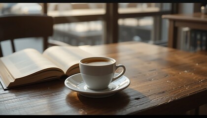 Fototapeta premium Coffee Cup and Open Book on Wooden Table in Cafe