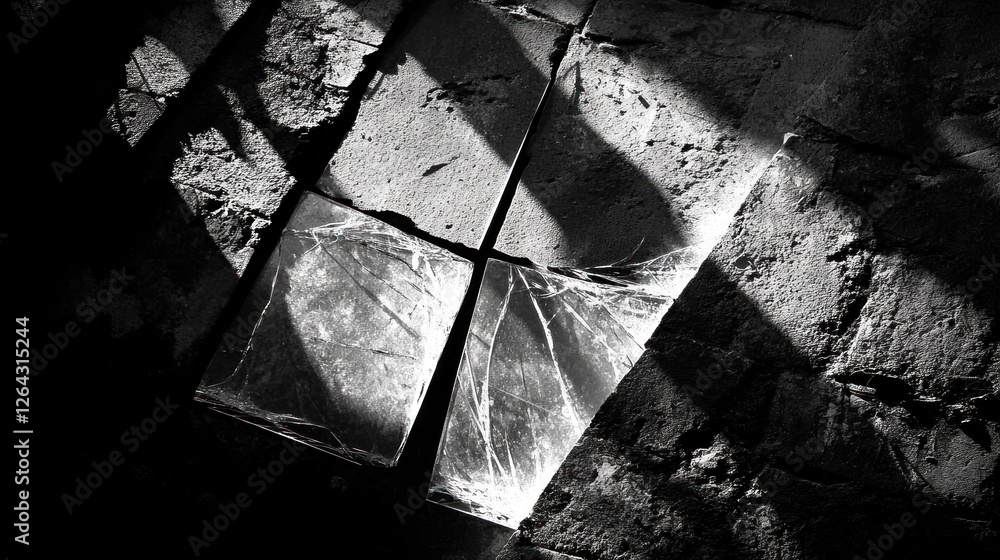 Poster a close-up of cracked tiles with shadows creating an abstract pattern in black and white.