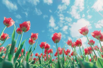 Red blooming tulips sky outdoors blossom.