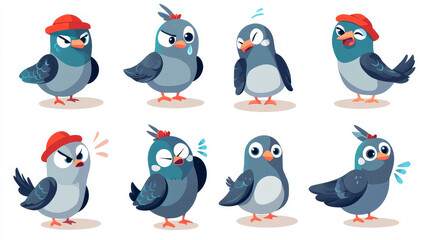 Obraz premium Cute pigeon mascot set with different emotions isolated on white background. Vector cartoon illustration of funny bird character in red hat catching flies, angry with rain, happy, afraid of swimming