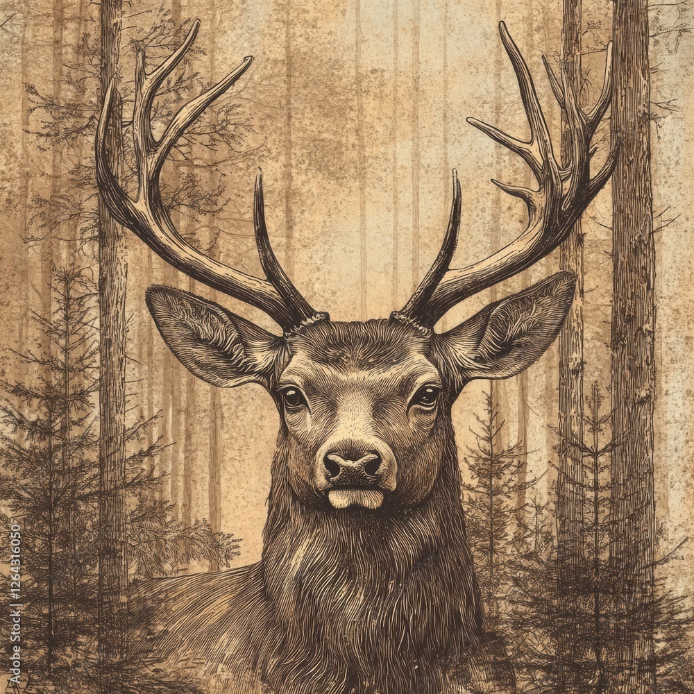 Poster engraved deer portrait featuring intricate line work against a forest backdrop in sepia tones. gener