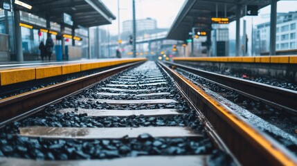 Fototapeta premium Rainy day train tracks, city station, commuters. Transport image