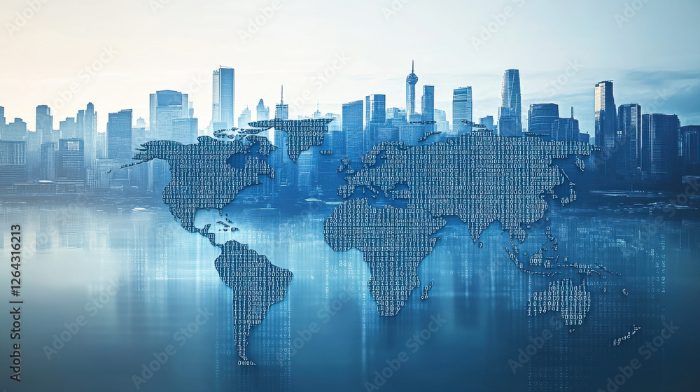 Poster digital world map made of binary code on a city background, global network concept