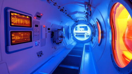 Futuristic spaceship interior corridor and capsule inside. Space ship with science lab and cryogenic hibernation technology container. Neon light in laboratory hall with door. Cryopod panel vector