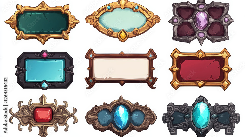 Poster empty circle silver and gold frames in medieval style for game ui design. vector cartoon set of user