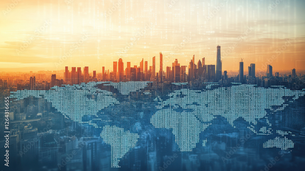 Poster digital world map made of binary code on a city background, global network concept