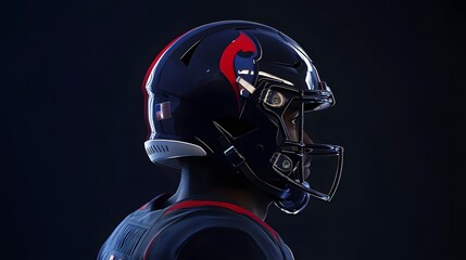 American football player in helmet, intense focus, strength and determination in 3/4 view