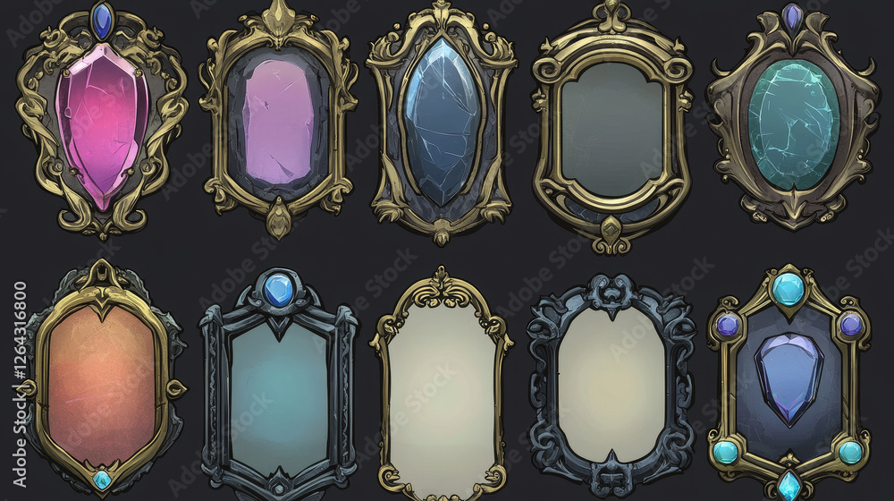 Poster empty circle silver and gold frames in medieval style for game ui design. vector cartoon set of user