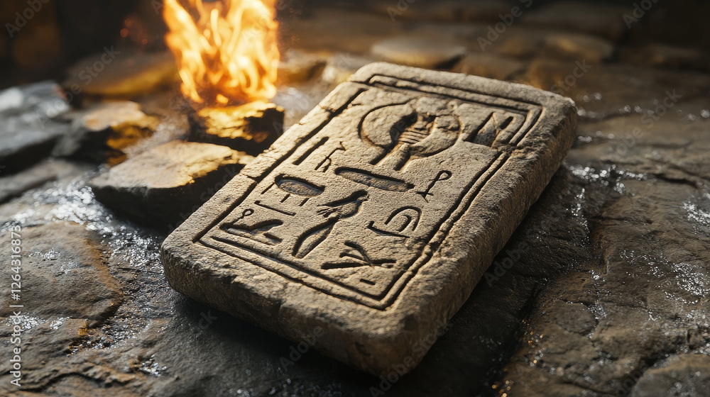 Aufkleber stone board or clay tablet with sacrificial fire icon and egyptian hieroglyphs cartoon vector illust